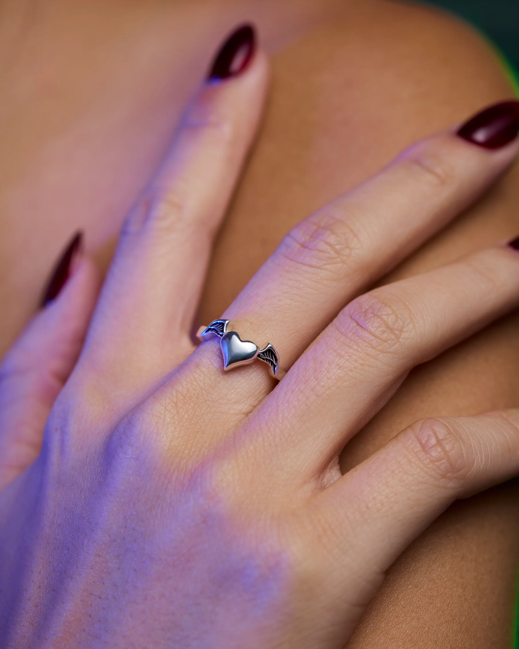 Pennyroyal winged heart ring in sterling silver